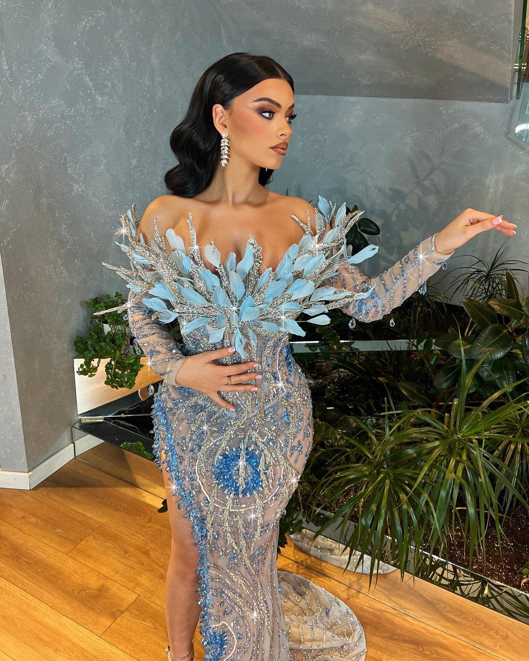 Blue Crystal Dress with Feathered Neckline