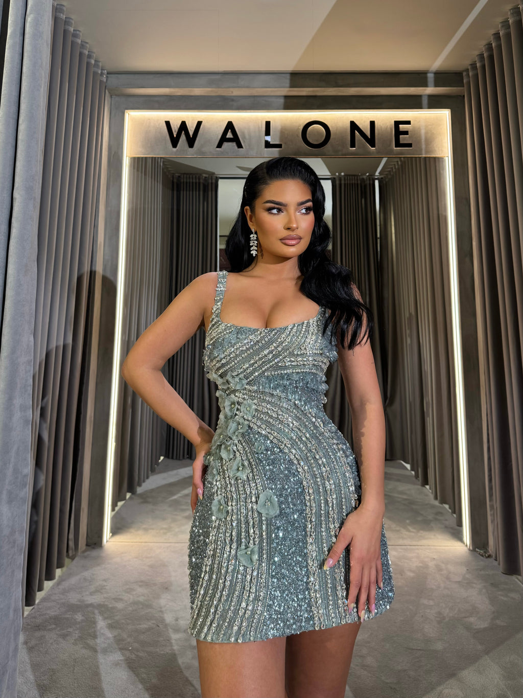 Short dress with crystal draping and corset structure S Short dress with crystal draping and corset structure S