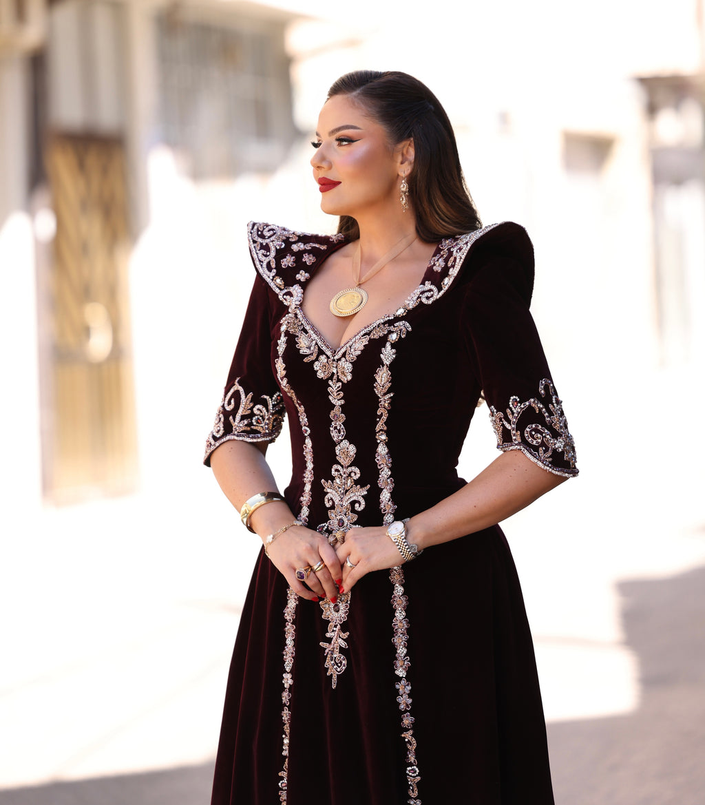 Elir - Burgundy Velvet Long Gown with Silver Embroidery M Elir - Burgundy Velvet Long Gown with Silver Embroidery M