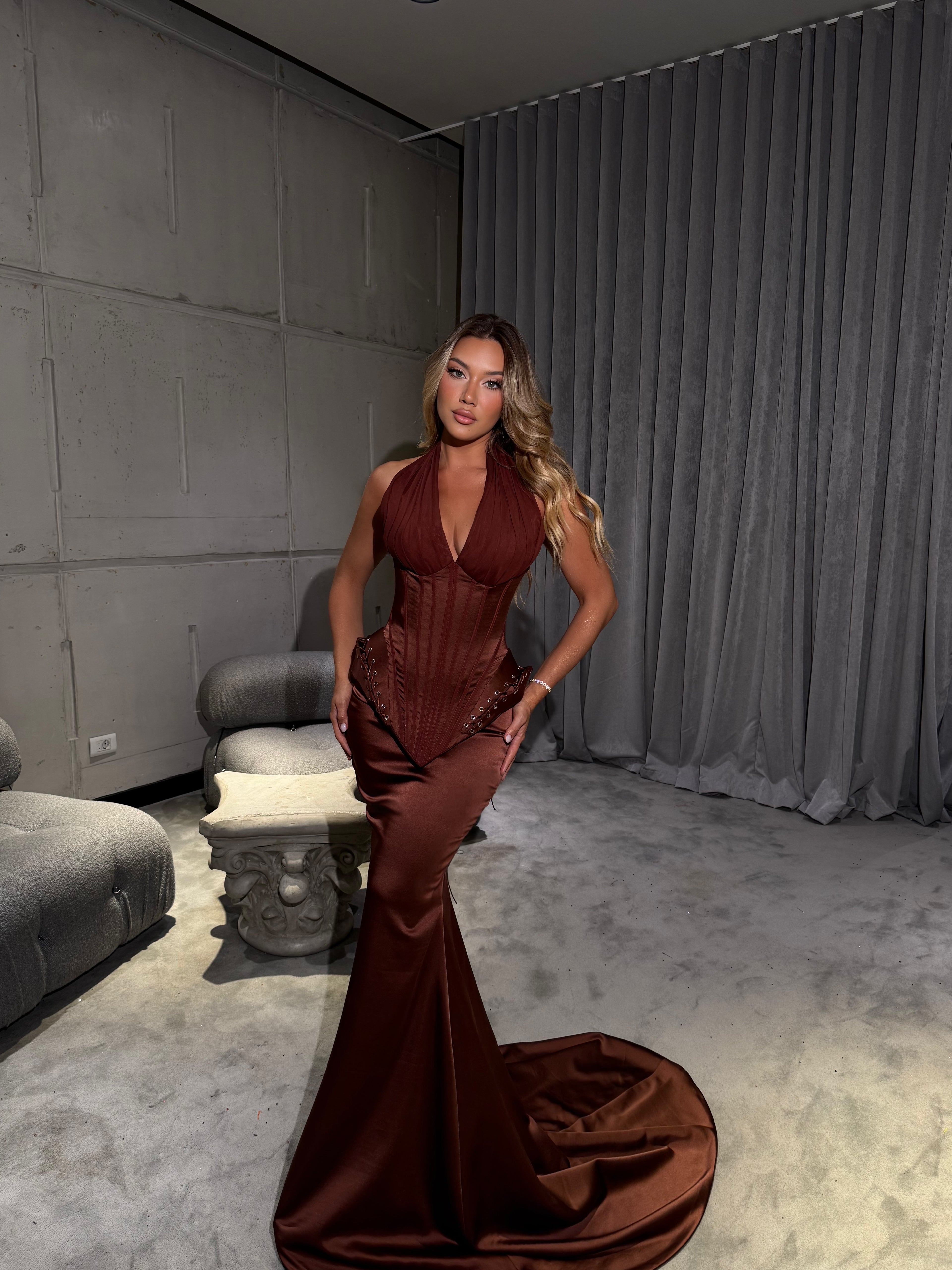 Eva - Brown Halter Corset Gown