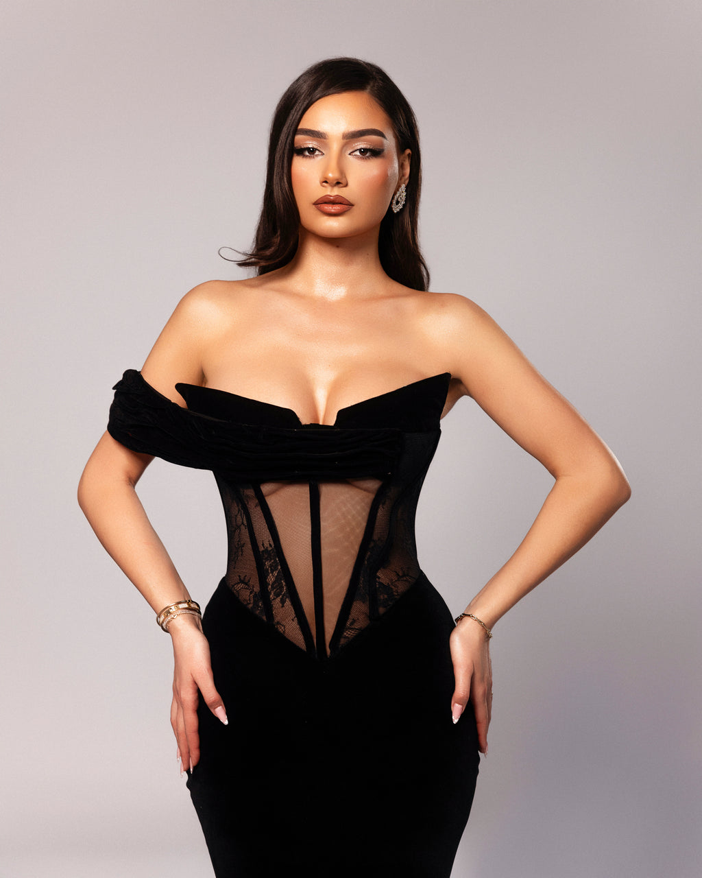 Black Velvet Gown with Sheer Lace Detailing