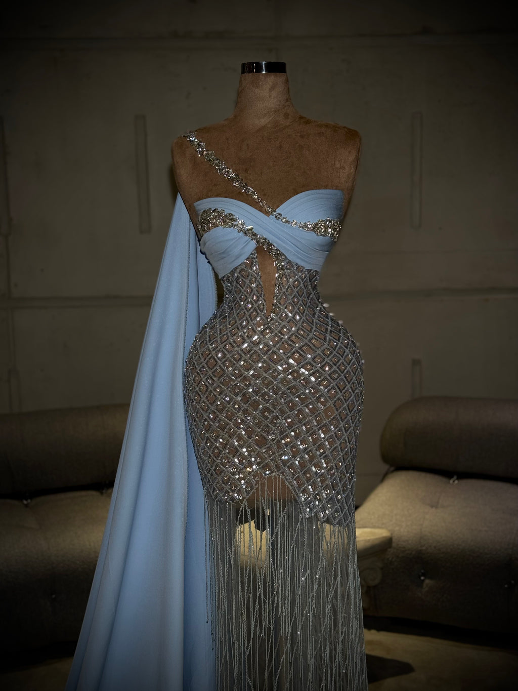 Eline - Ice Blue Crystal Fringe Gown