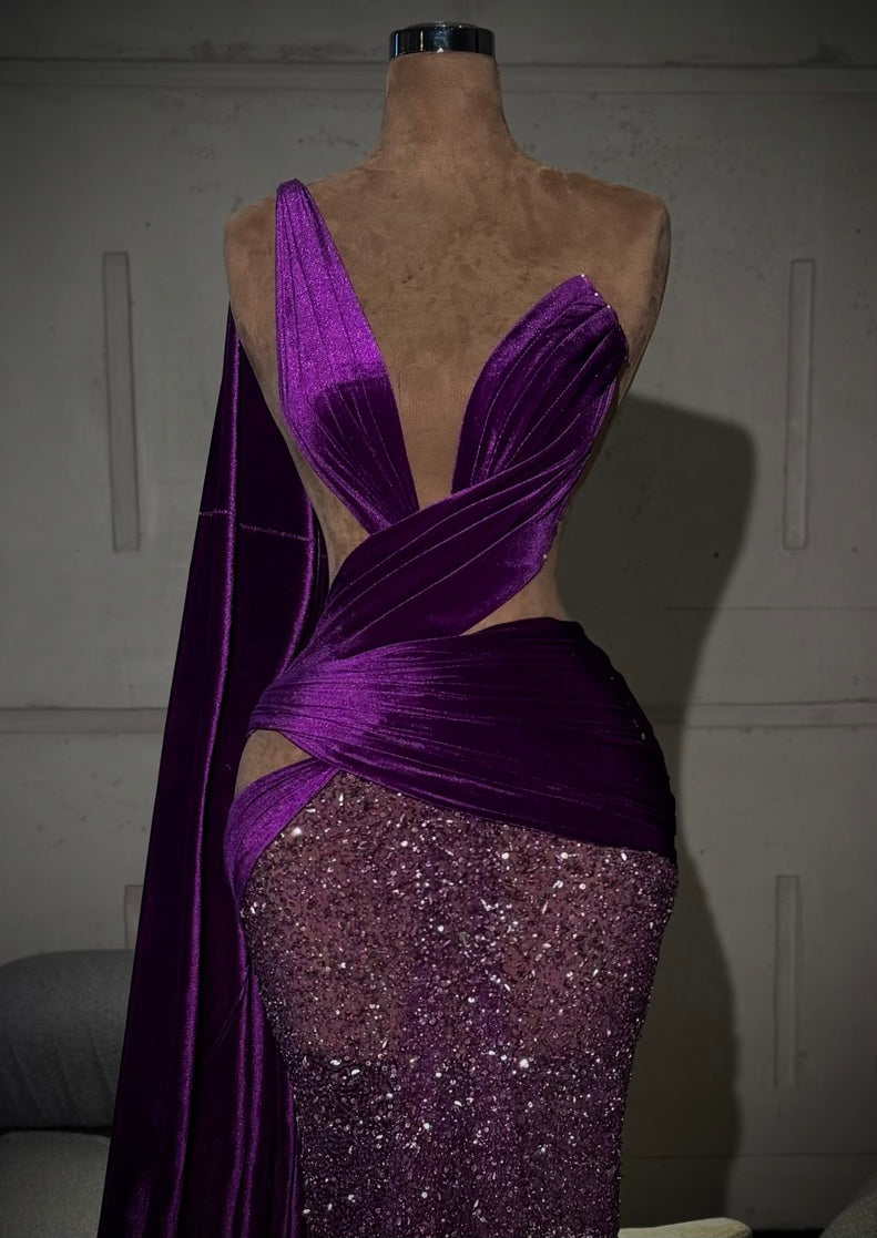 Yarelia - Purple One-Shoulder Draped Crystal Gown