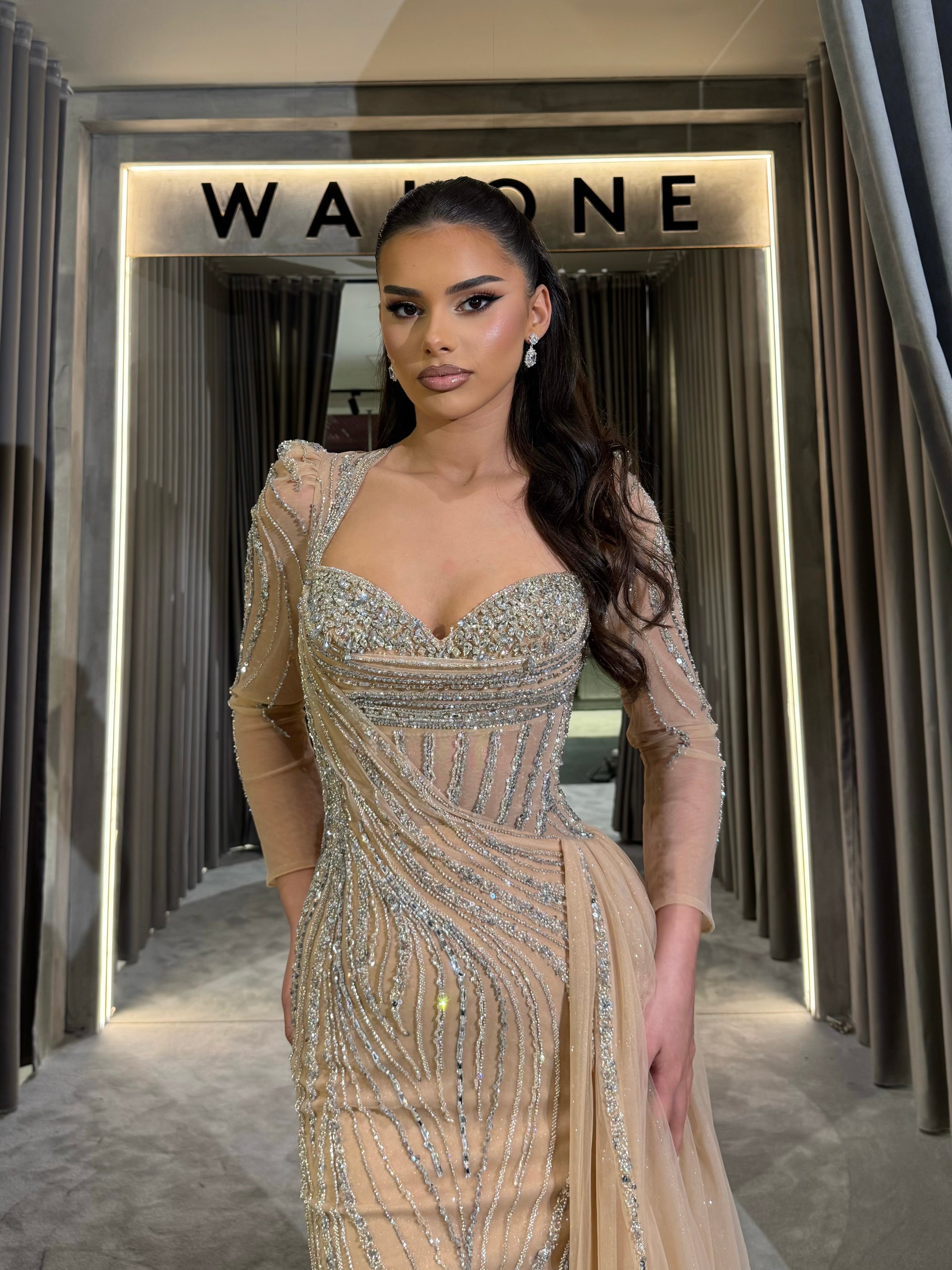 Champagne Long Sleeve Crystal Gown Walone LLC Champagne Long Sleeve Crystal Gown Walone LLC