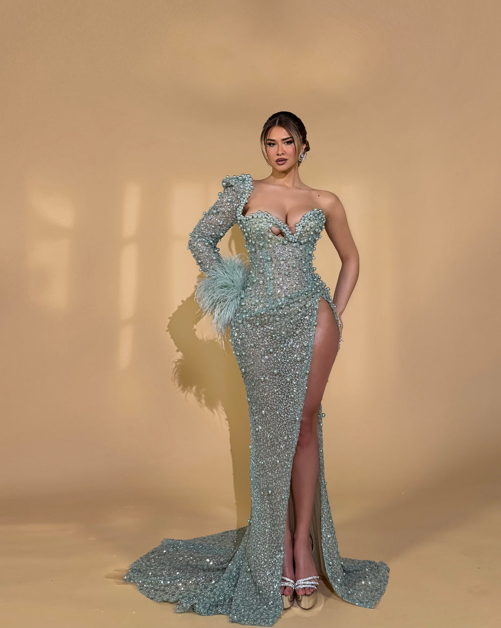 Mint Siren Couture Gown with Feather Sleeve