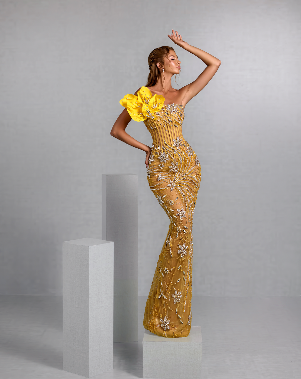 Yellow Mermaid Gown with Vine Motif and Floral Embellishment