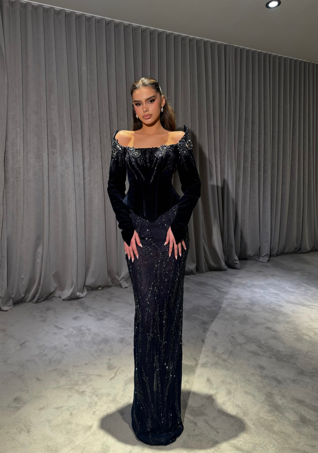 Aledria – Black Velvet Beaded Column Gown