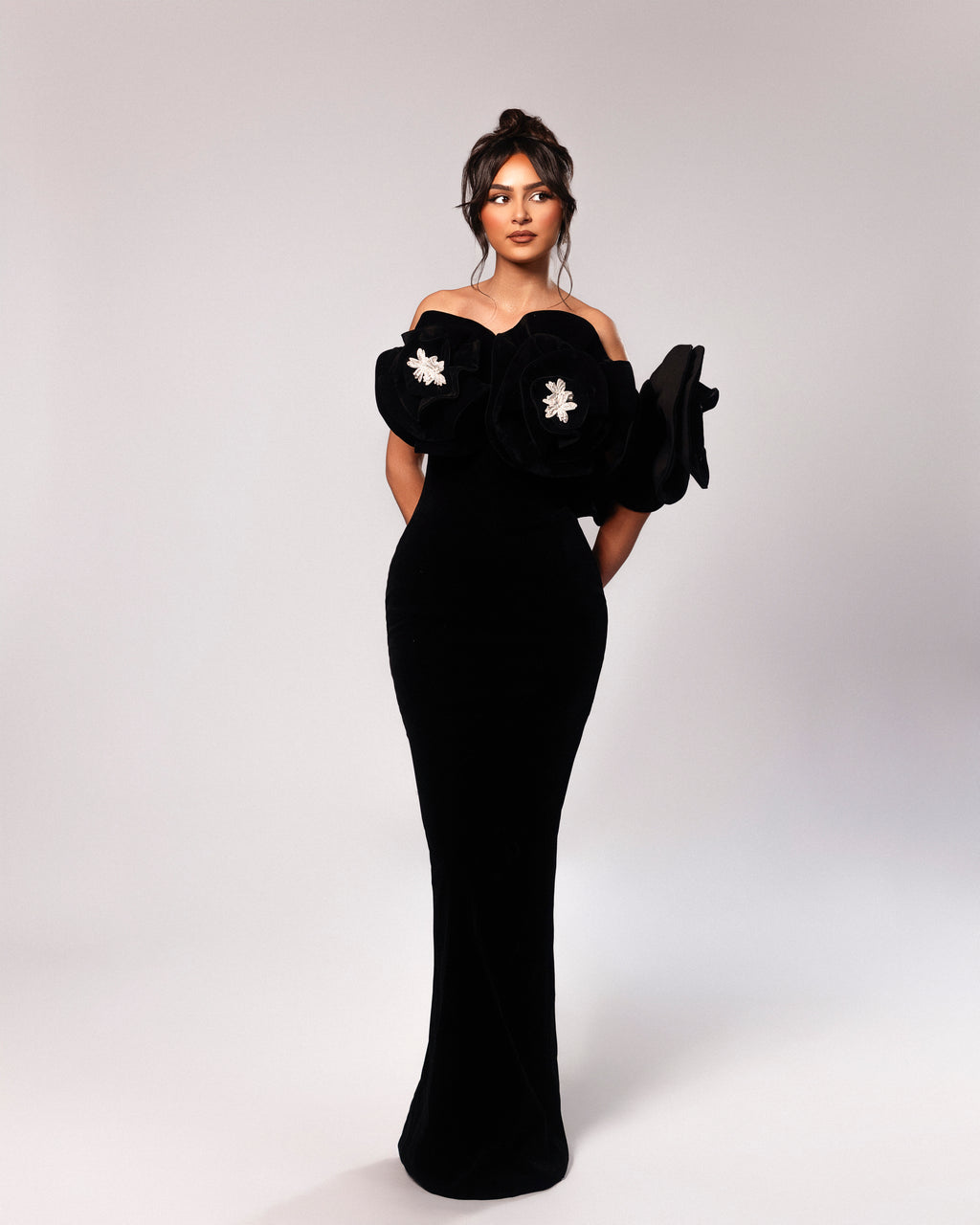 Black Velvet Gown with Floral Appliqués