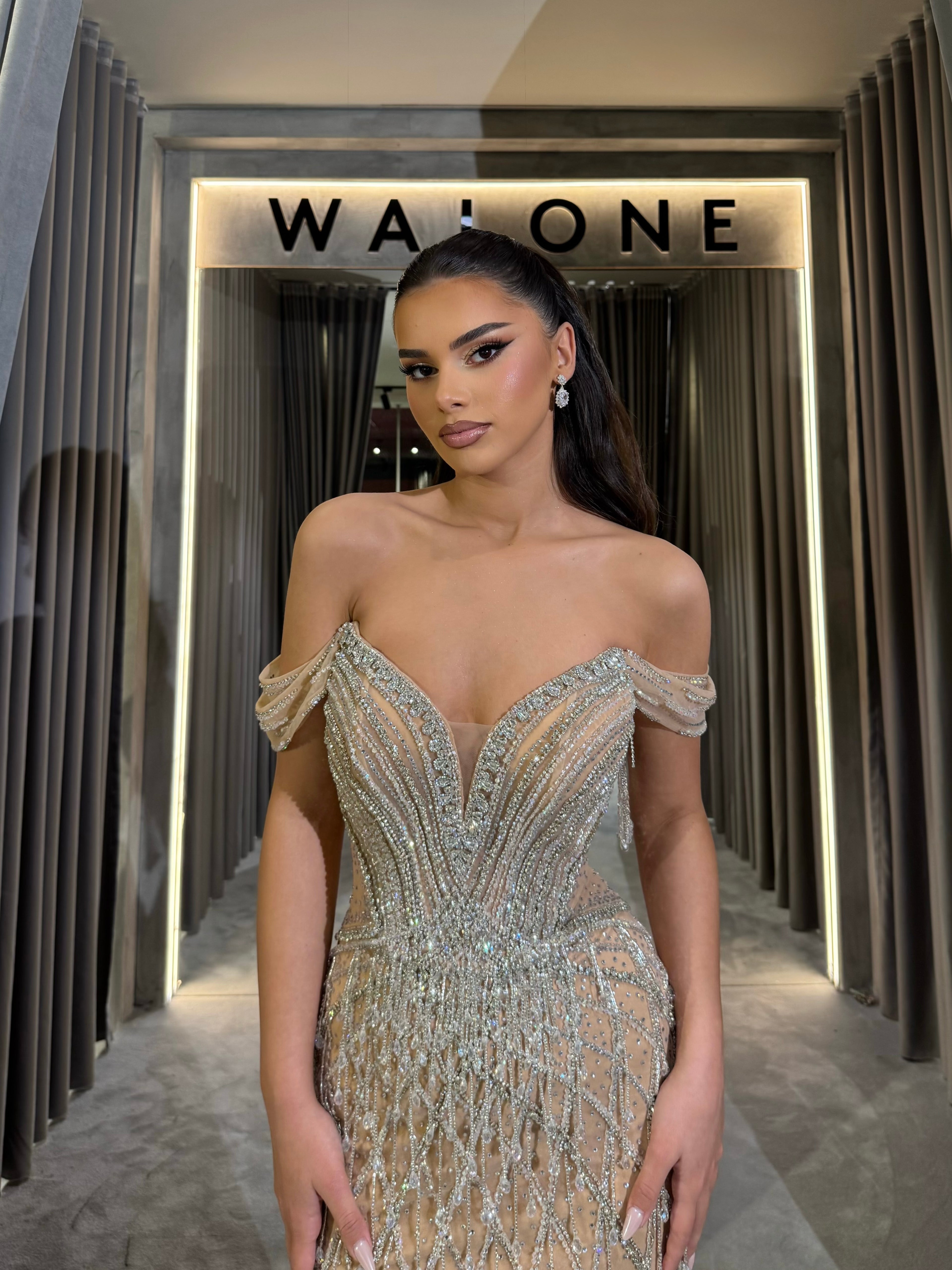 Off-Shoulder Dress with Crystal Drip Embellishments