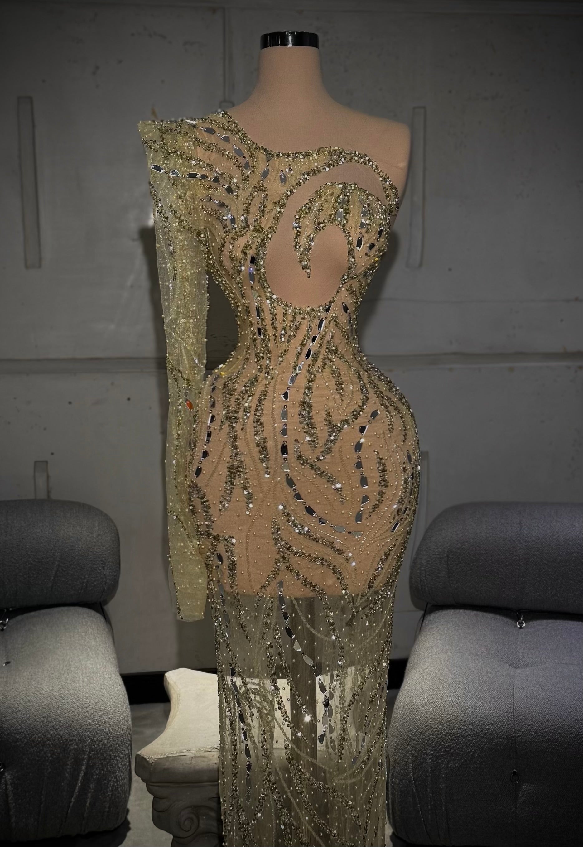 Urèla - One Shoulder Gold Mirror Gown