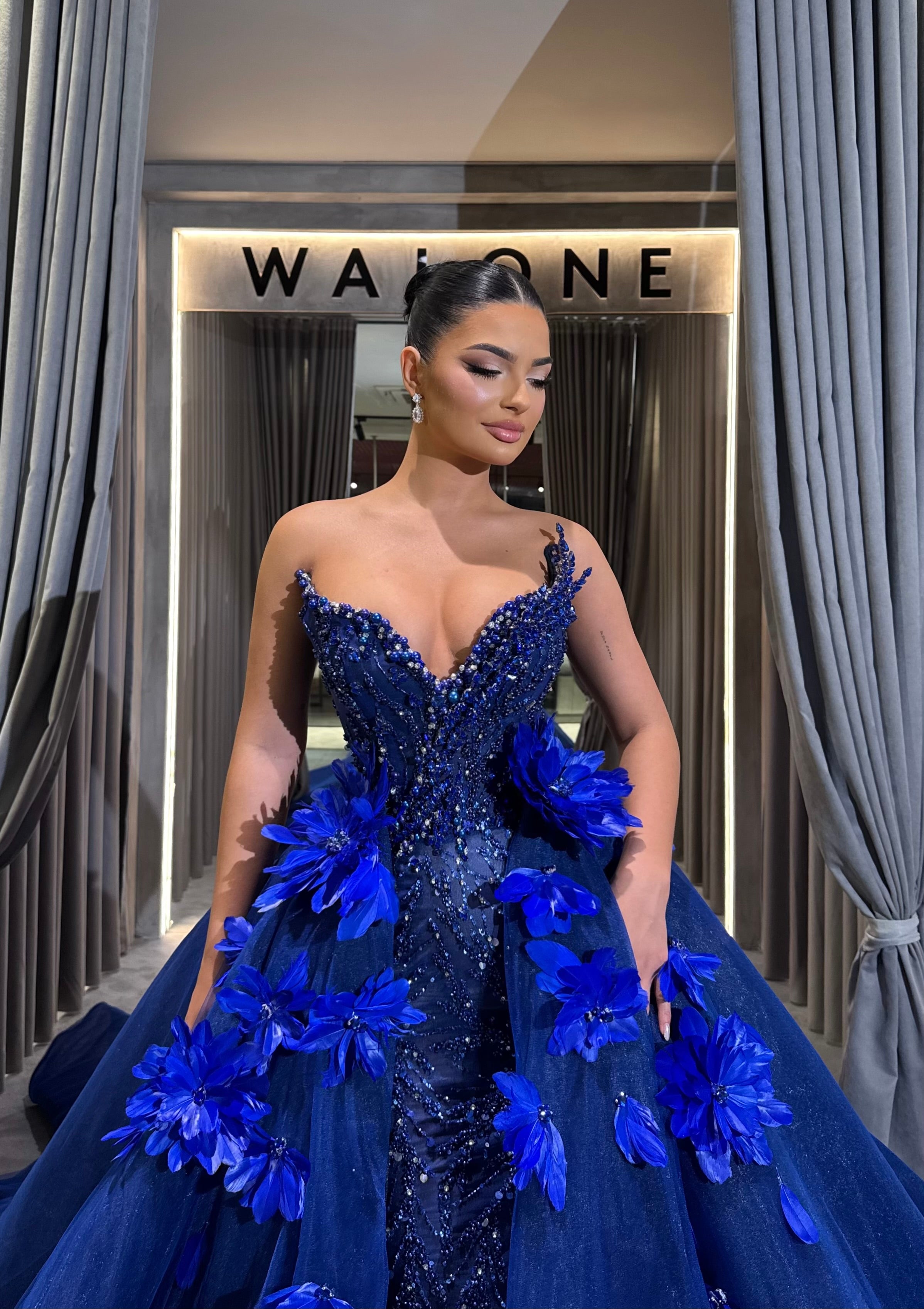 Blue Monarch Beaded Gown with Detachable Overskirt S Blue Monarch Beaded Gown with Detachable Overskirt S