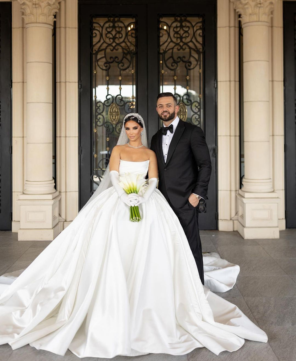 Strapless Satin Ball Gown with Gloves & Veil