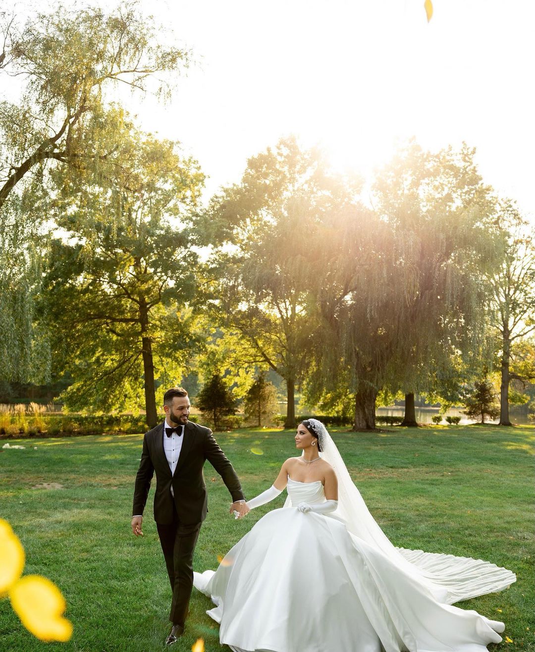Strapless Satin Ball Gown with Gloves & Veil