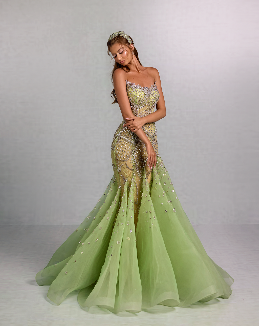 Strapless Green Gown with Beaded Embroidery