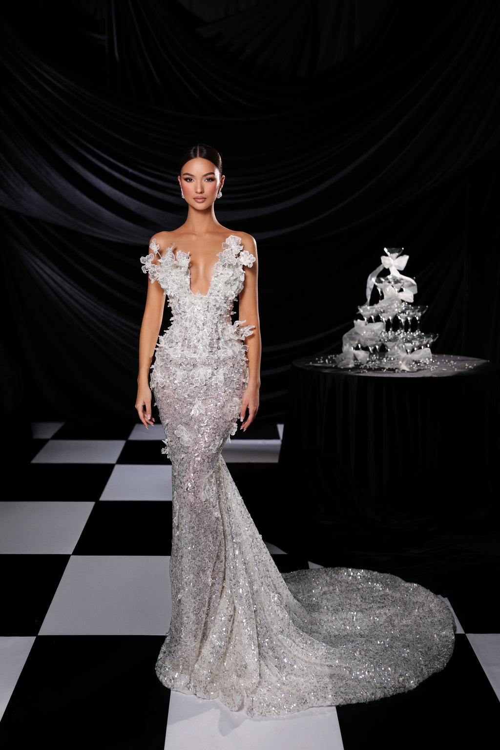 Strapless floral bridal gown with detachable cape