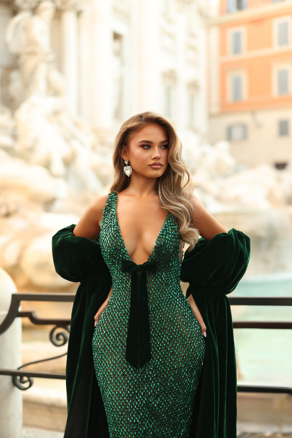 Marina - Beaded gown with velvet cape sleeve