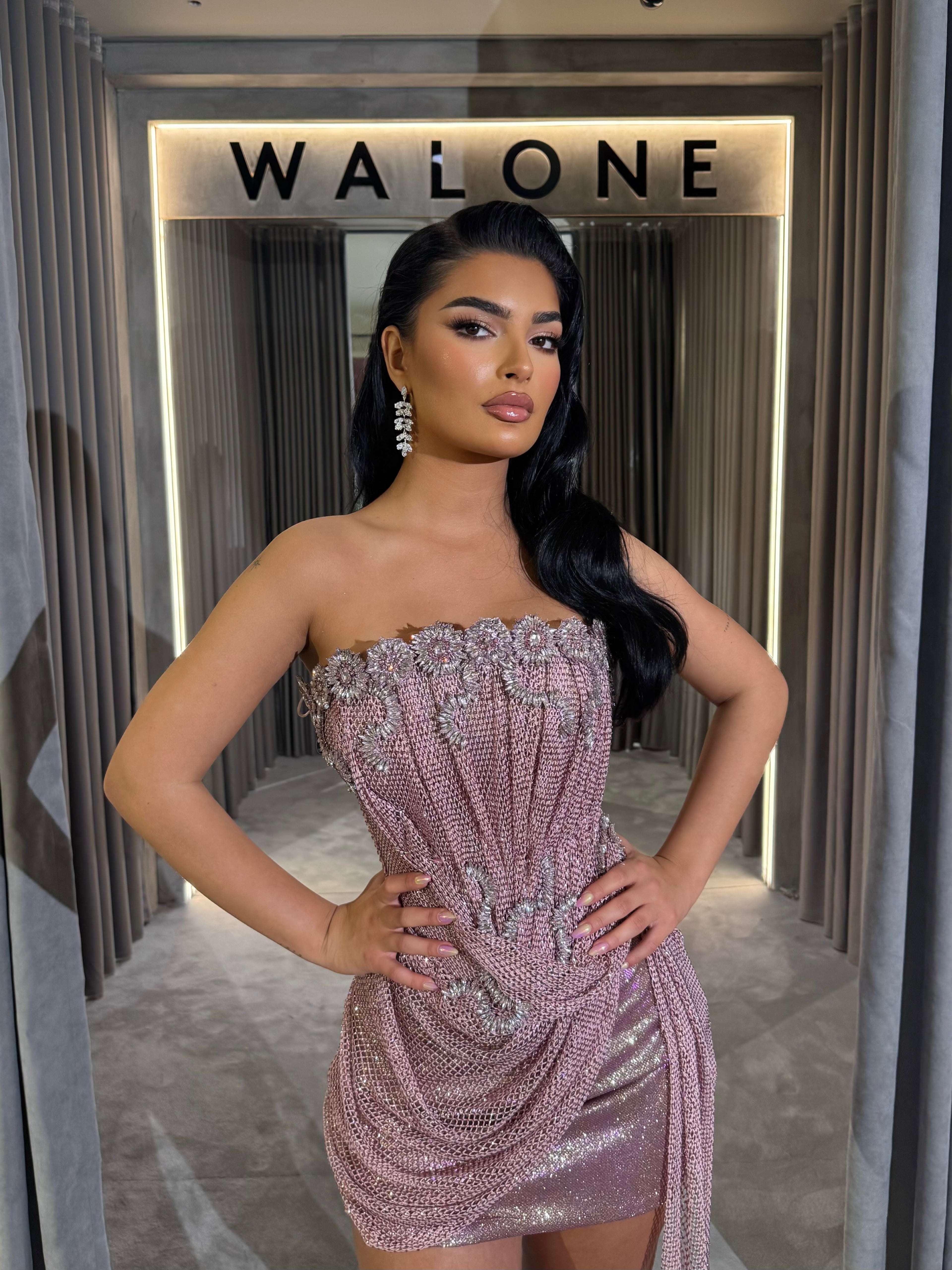 Short dress with rose crystal corset and asymmetric draped skirt Walone LLC Short dress with rose crystal corset and asymmetric draped skirt Walone LLC