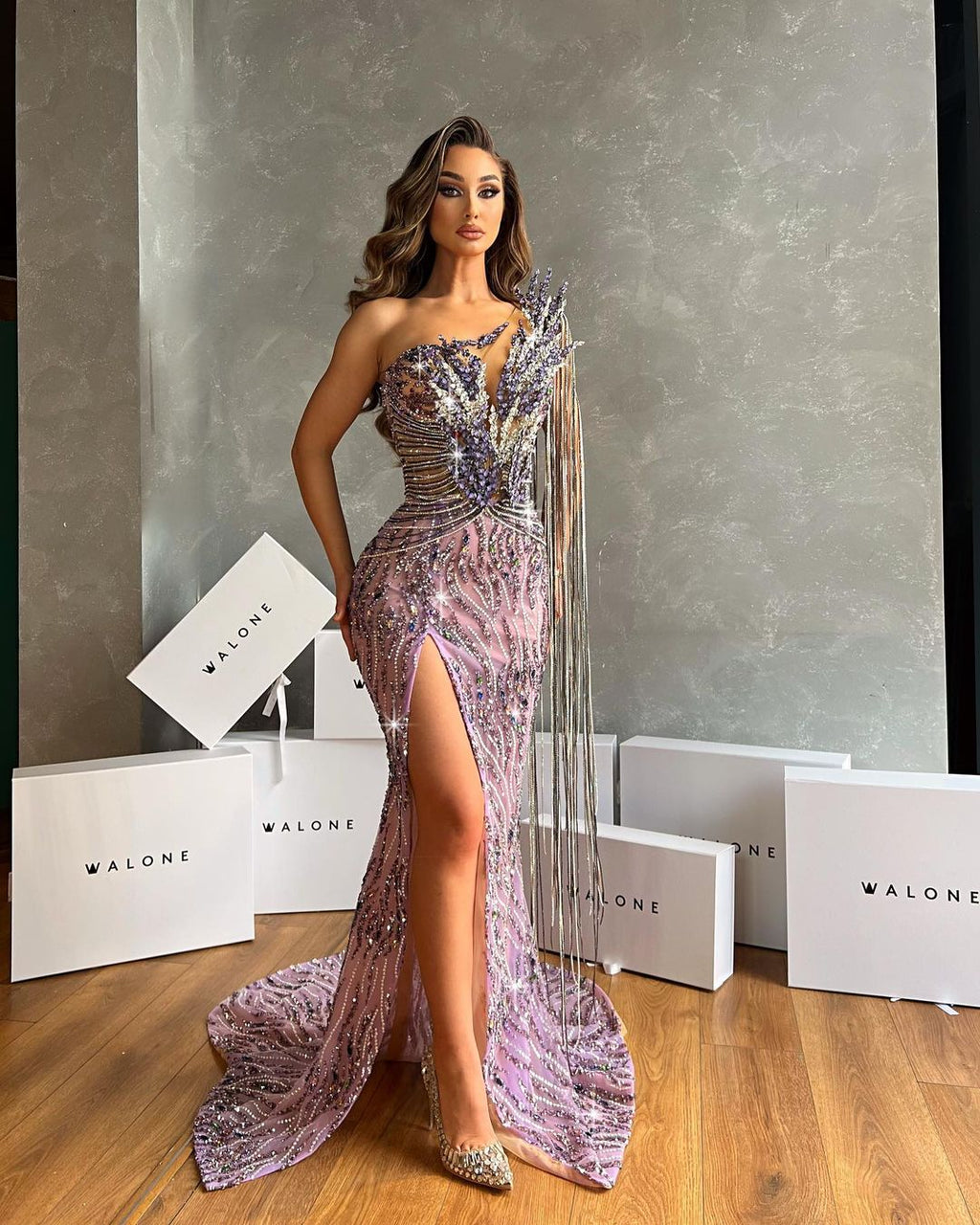 Purple Tassels Embroidered Dress with Side Slit