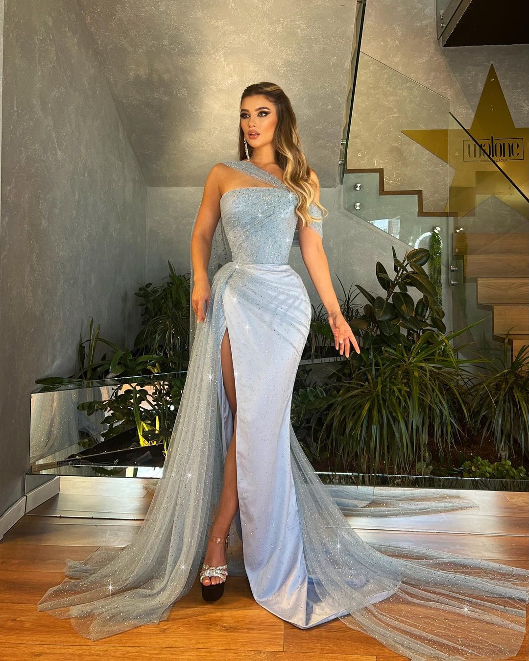 Side Slit Dress with Sparkling Shimmering Tulle Cape