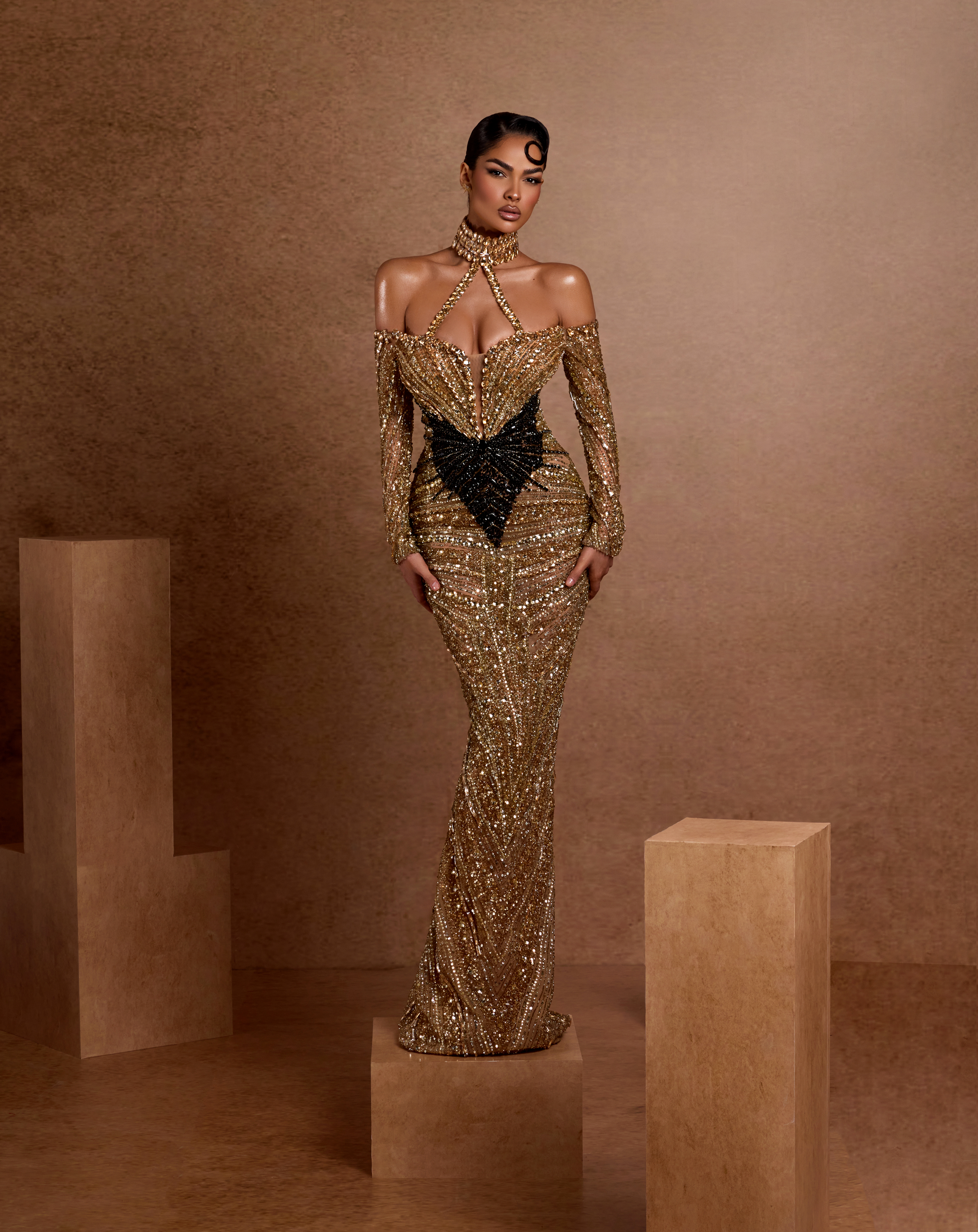 Gold & Black Sequin Halter Dress