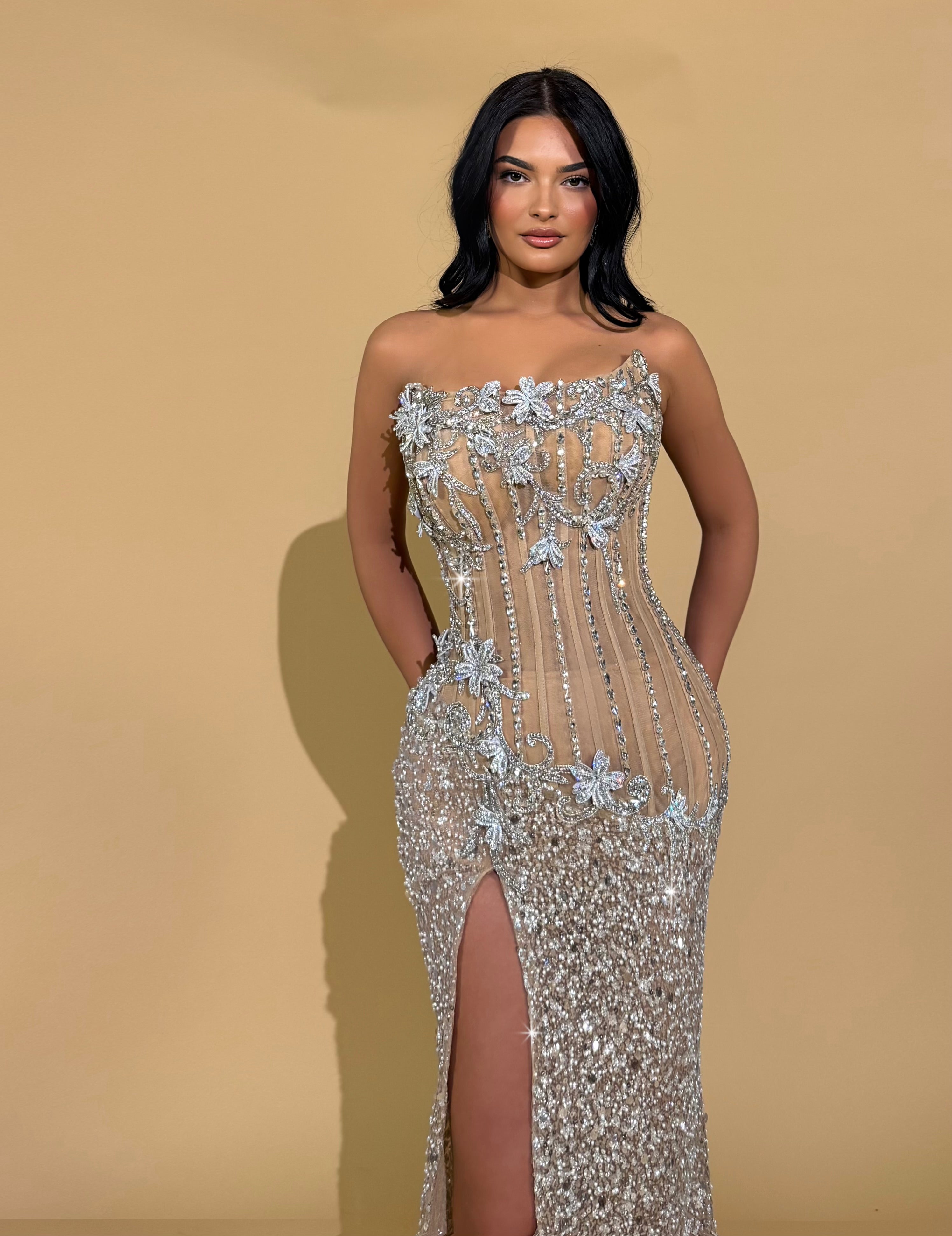 Strapless Sequin Gown With 3D Flowers And Slit Walone LLC Strapless Sequin Gown With 3D Flowers And Slit Walone LLC
