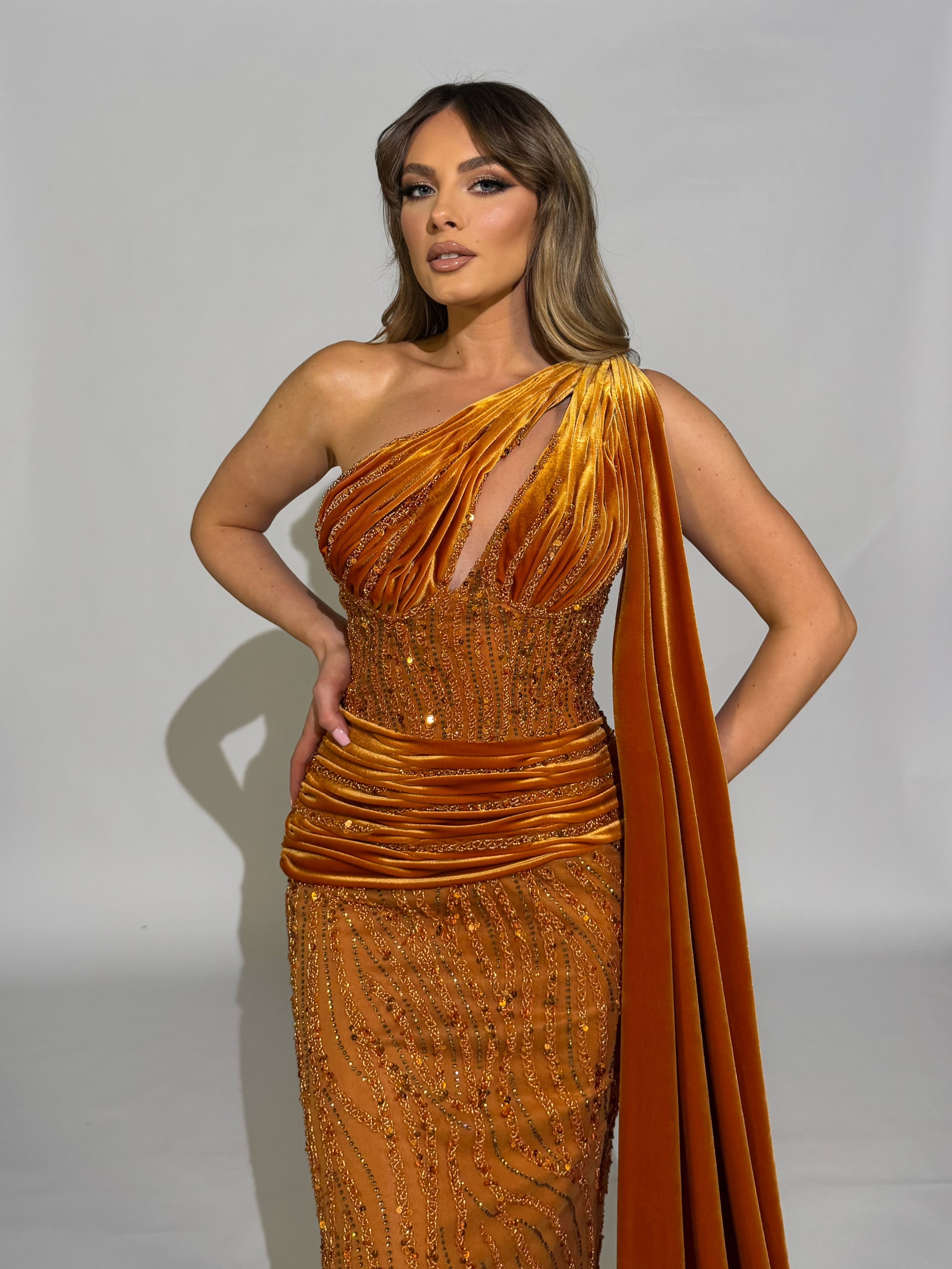 Asymmetrical Dress with Cape Sleeve L / Brown Asymmetrical Dress with Cape Sleeve L / Brown