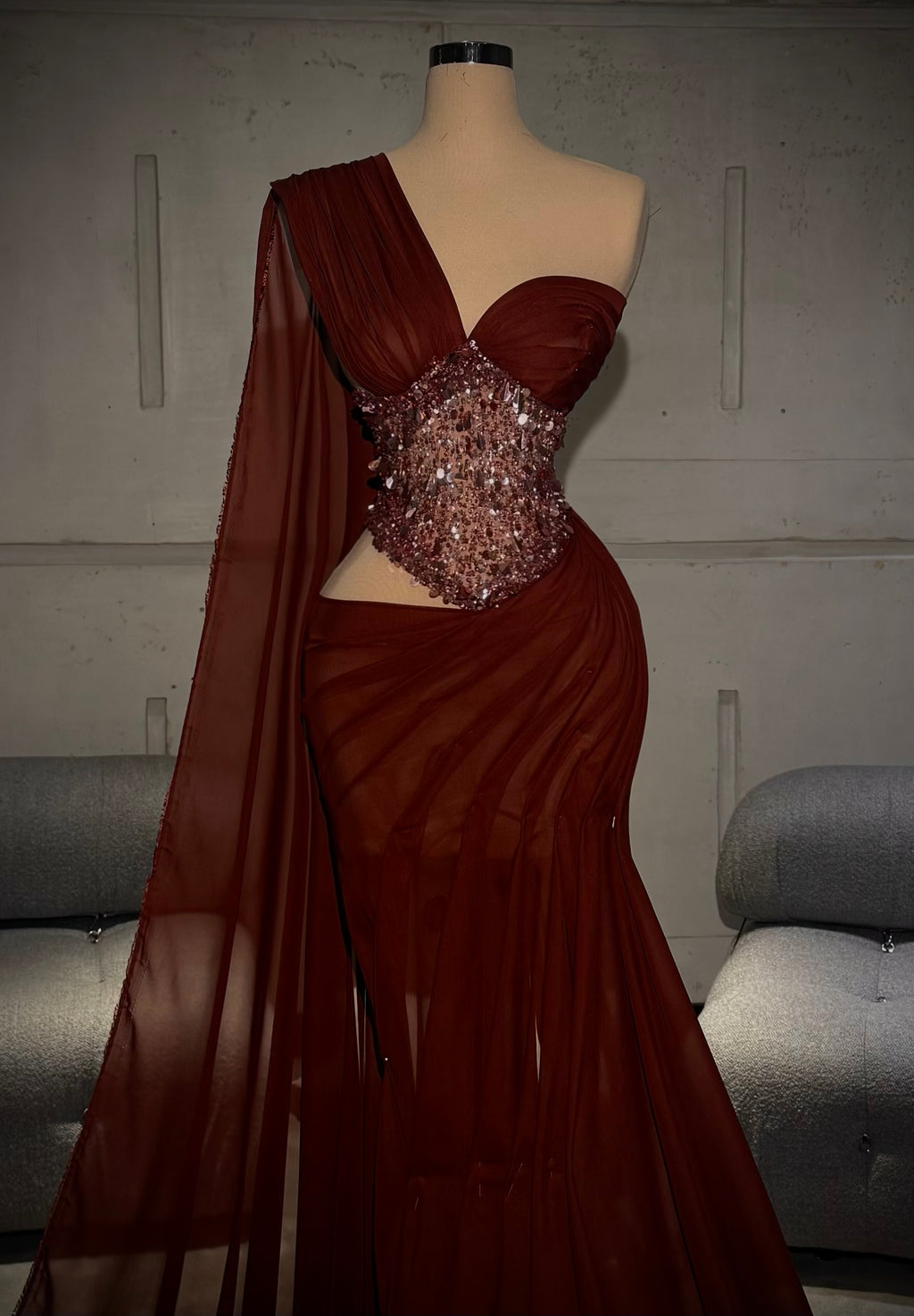 Artemisia – Garnet Crystal Drape Gown