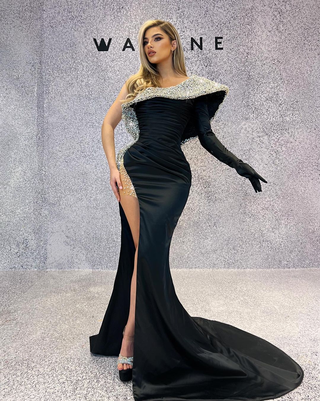 One Shoulder Black Dress with Side Slit