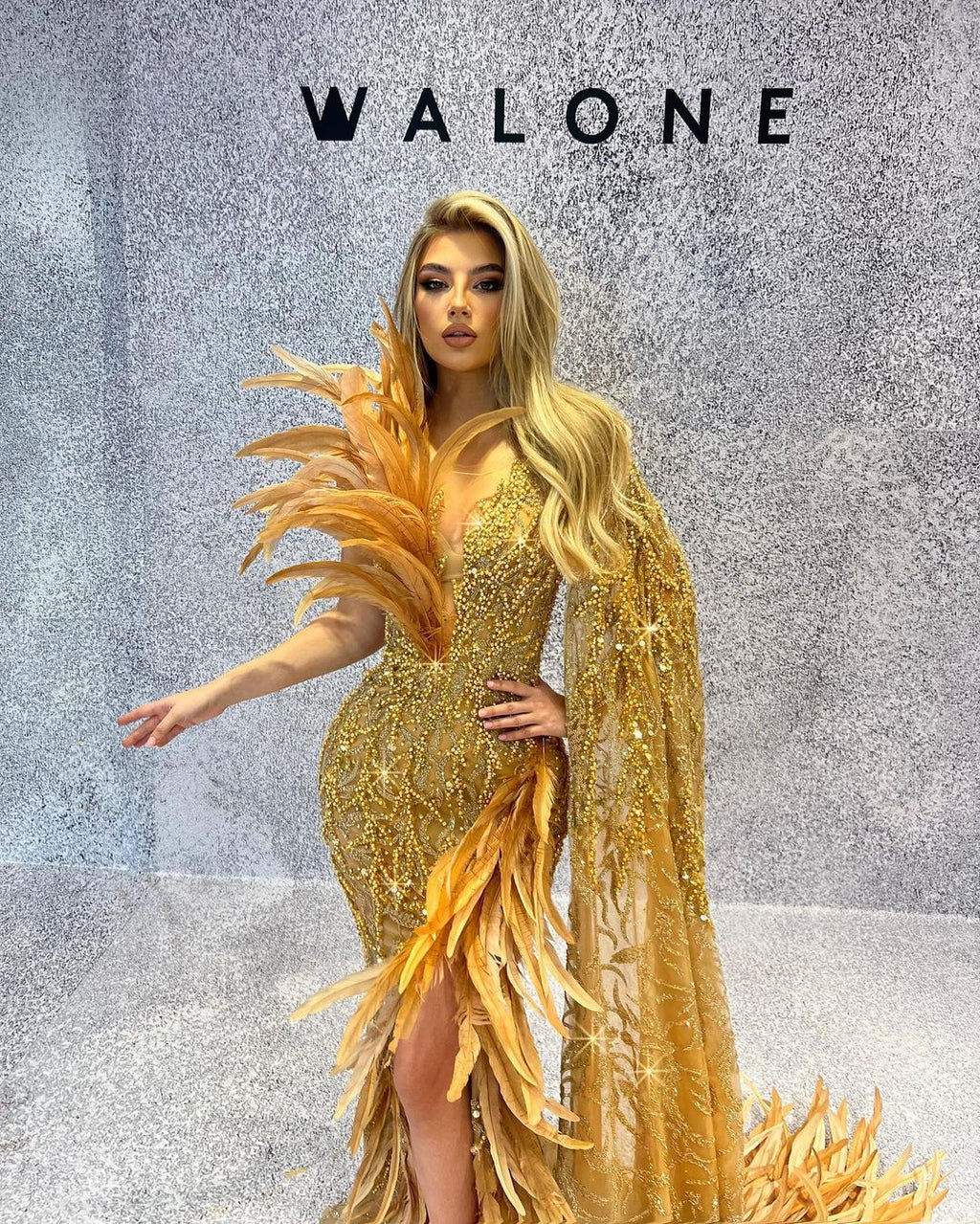 One Shoulder Cape Yellow Dress with Feathers