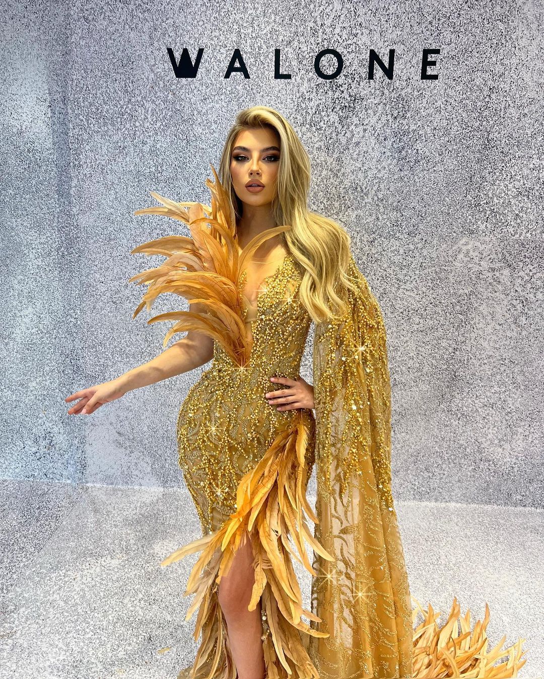 One Shoulder Cape Yellow Dress with Feathers