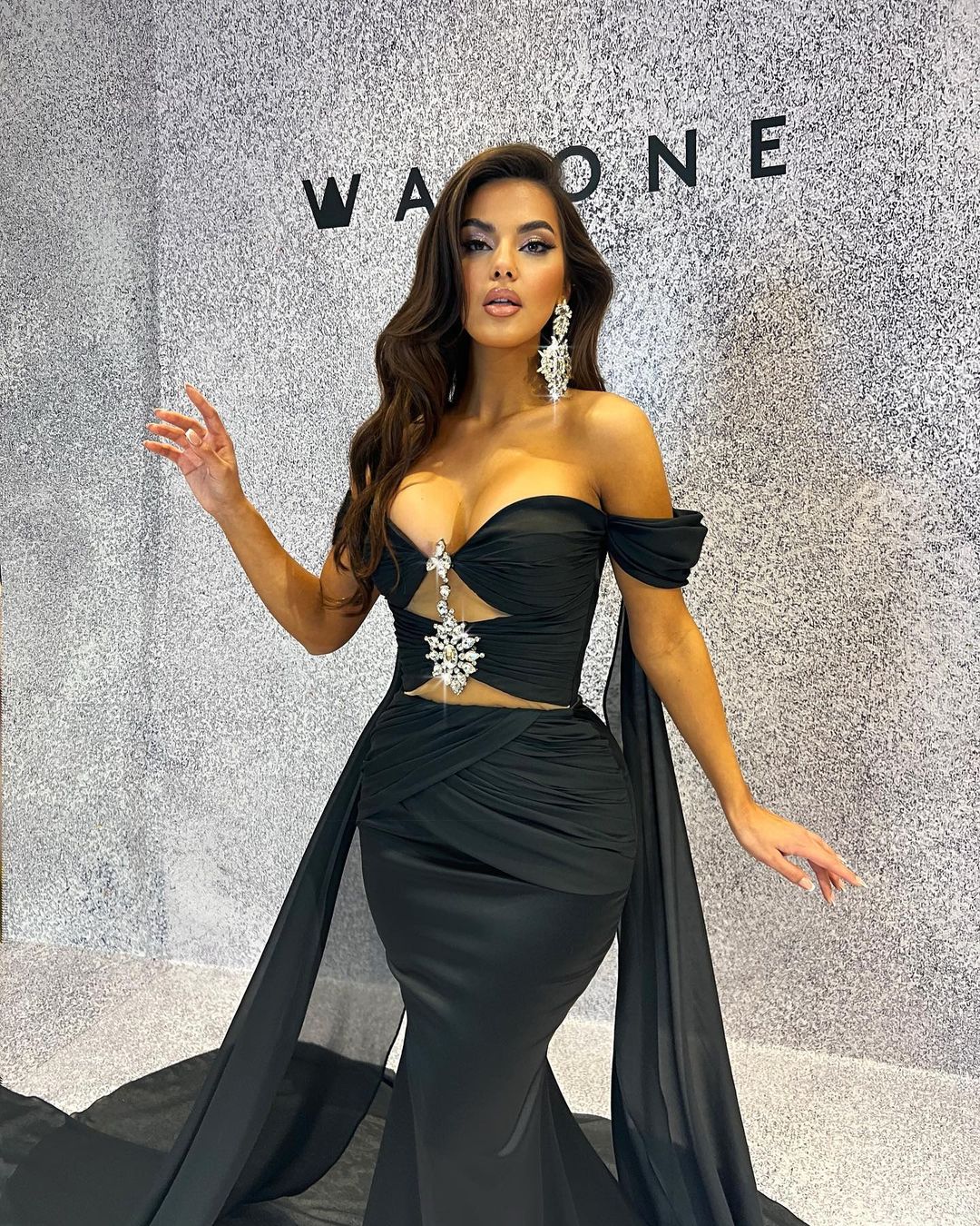 Off Shoulders Cape Black Dress with Open Corset