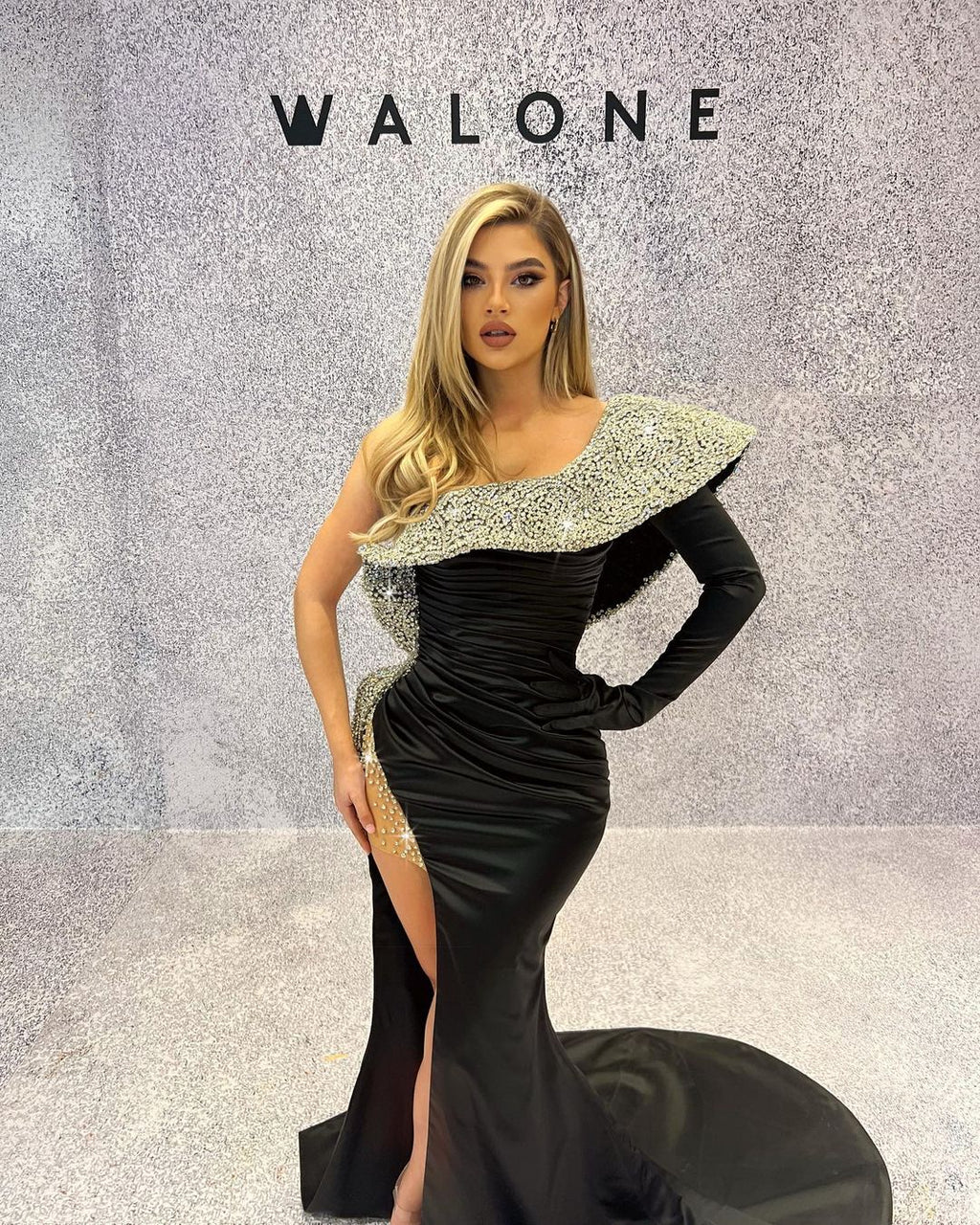 One Shoulder Black Dress with Side Slit