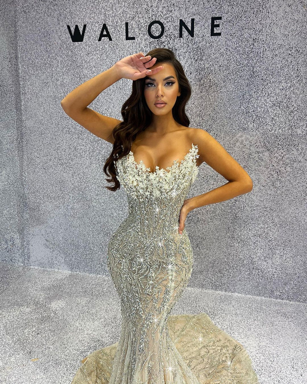 White Crystal Mermaid Strapless Dress