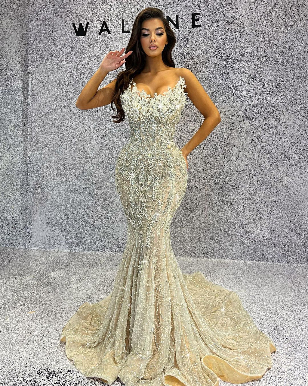 White Crystal Mermaid Strapless Dress