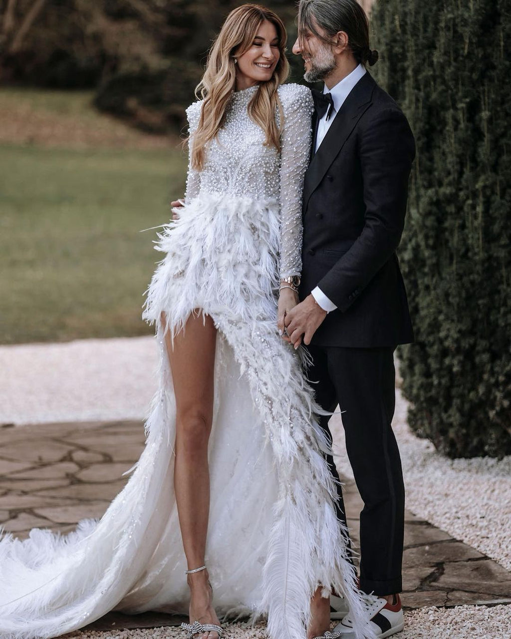 High Neck White Pearl Dress with Feathered Skirt