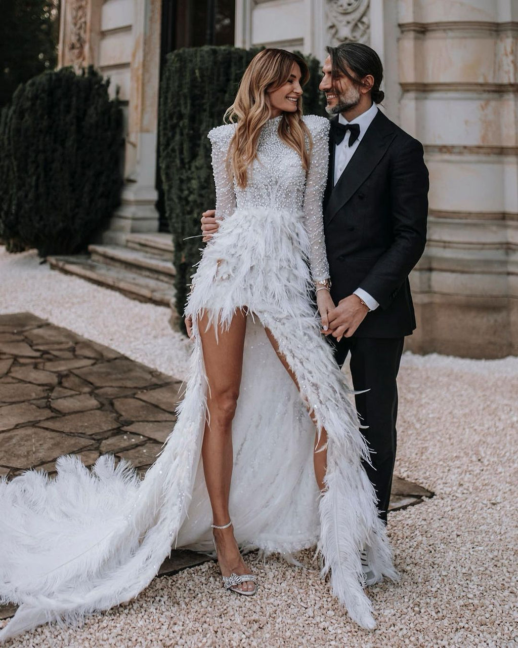 High Neck White Pearl Dress with Feathered Skirt XL