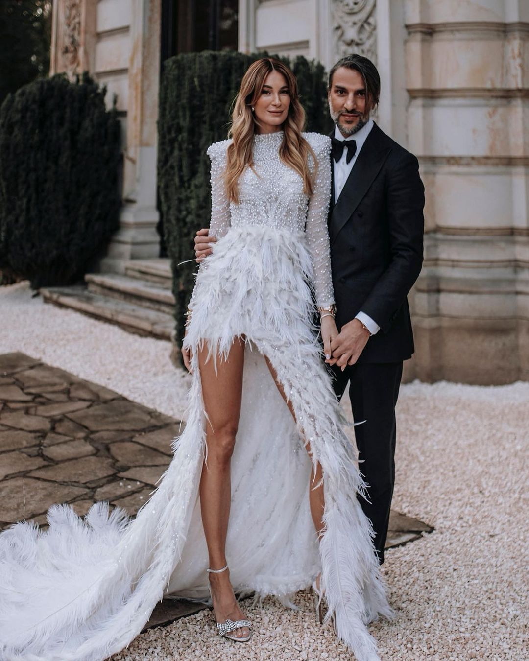 High Neck White Pearl Dress with Feathered Skirt Walone LLC High Neck White Pearl Dress with Feathered Skirt Walone LLC