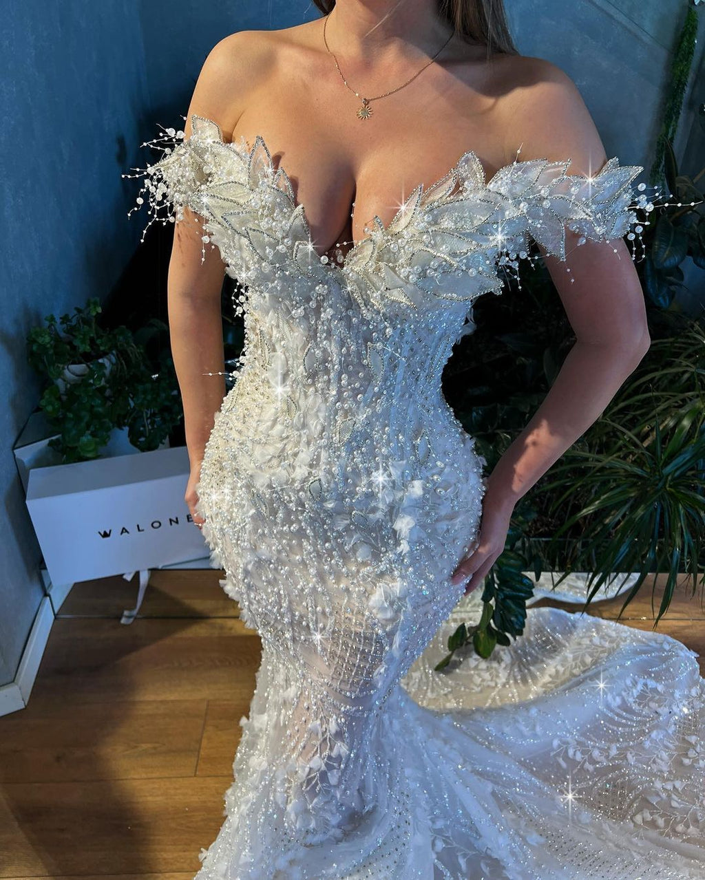 Mermaid Pearl Embroidered Bridal Dress with 3d Leaf Details