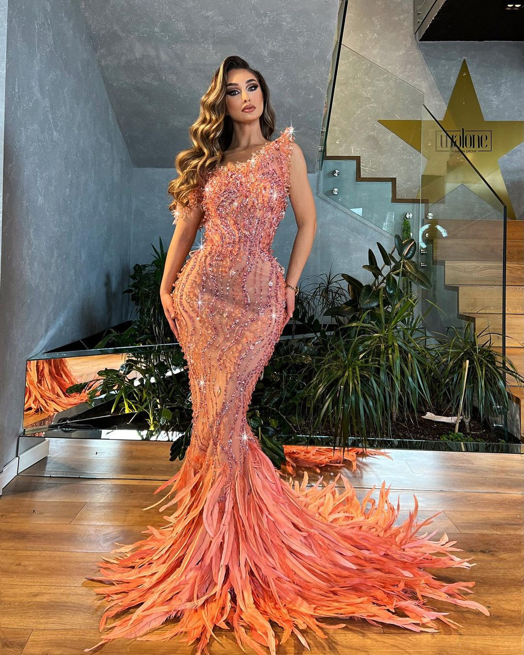 Peach Embellished Mermaid Feathered Dress with Asymmetrical Corset