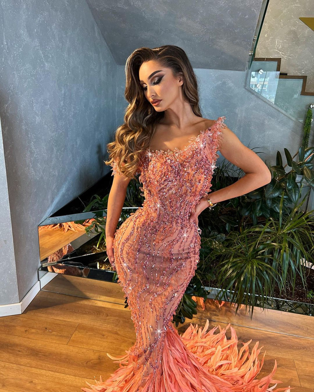 Peach Embellished Mermaid Feathered Dress with Asymmetrical Corset