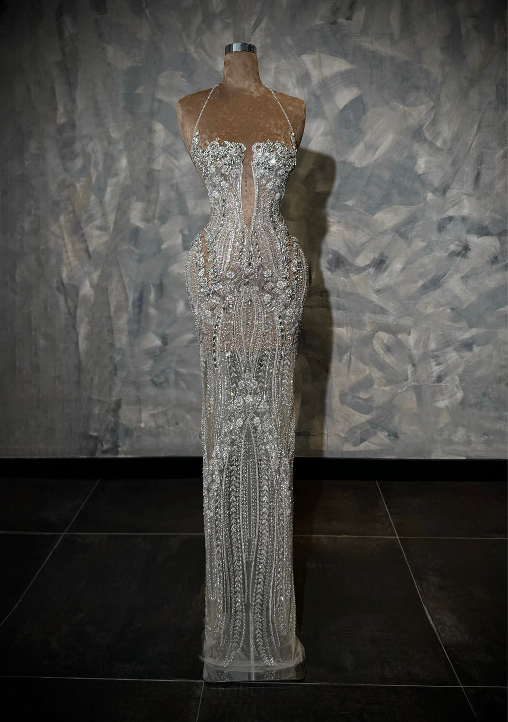 Elène – Silver Beaded Halter Gown