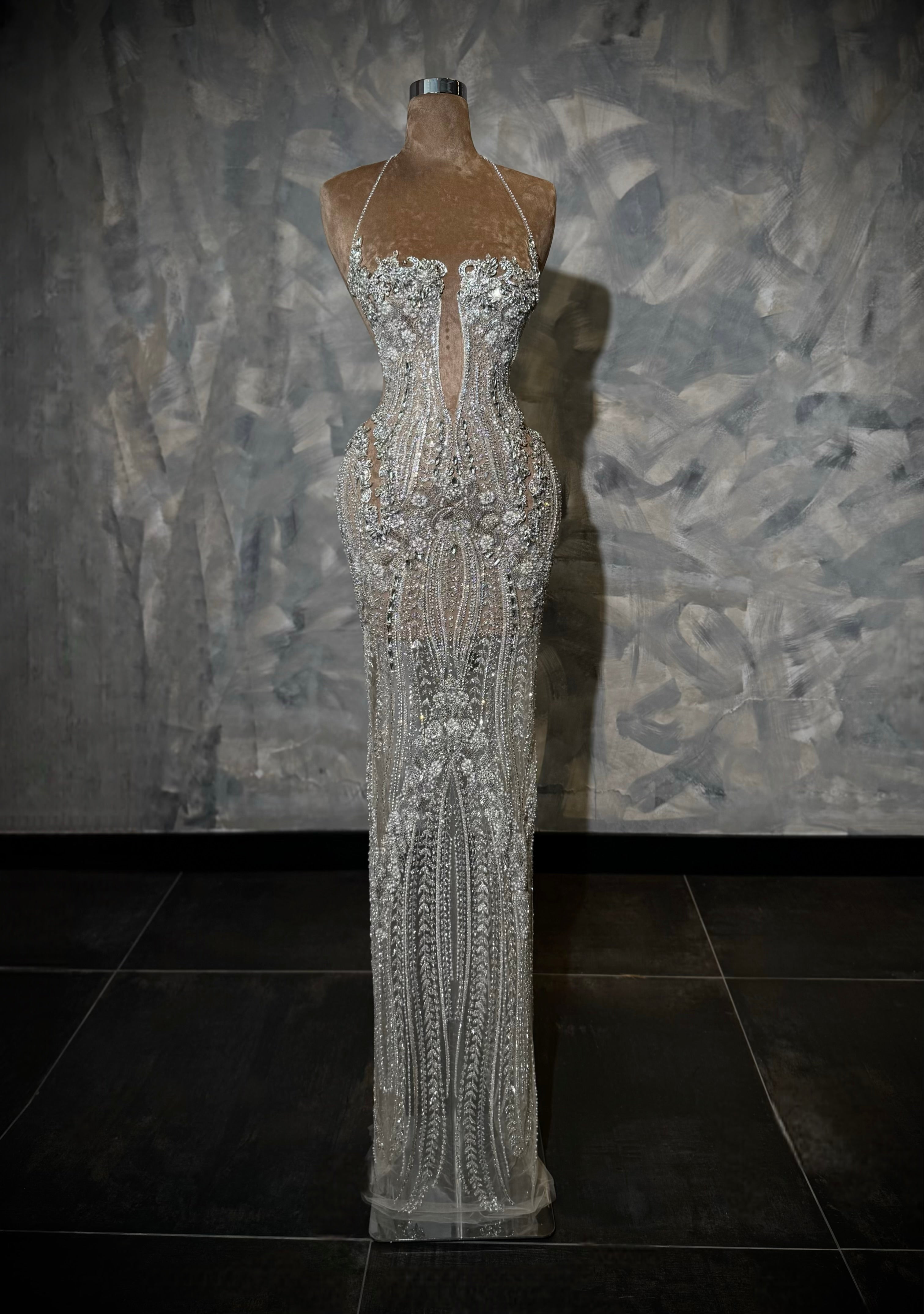 Elène – Silver Beaded Halter Gown