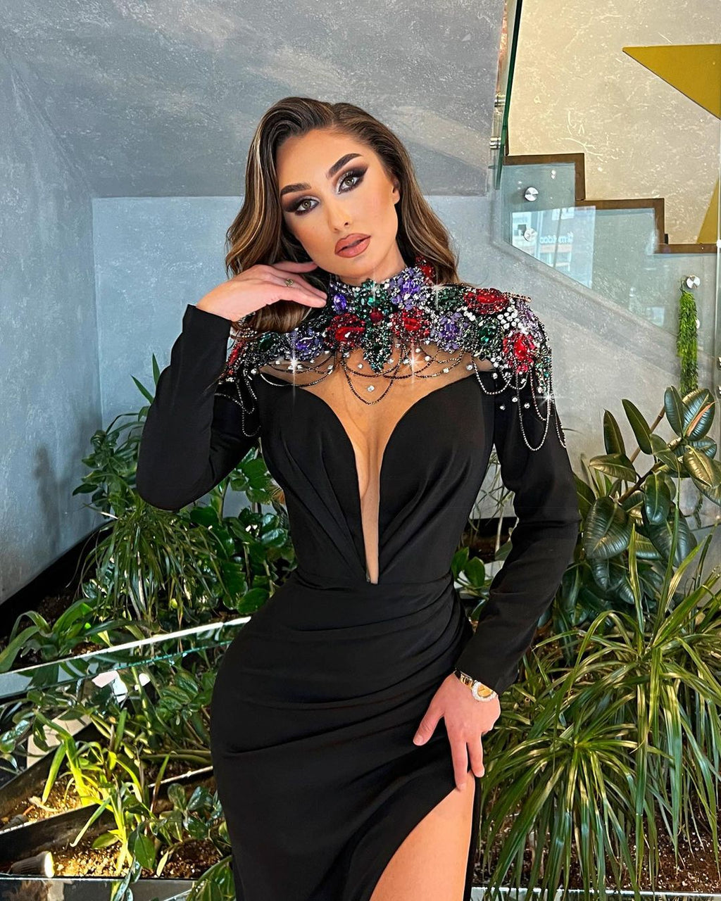 Side Slit Black Dress with  Embellished Neckline