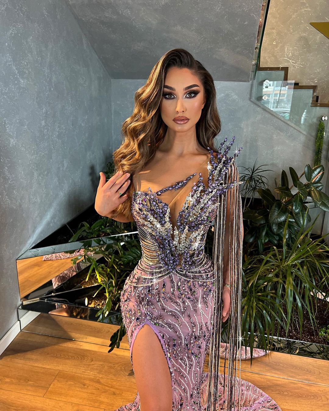 Purple Tassels Embroidered Dress with Side Slit