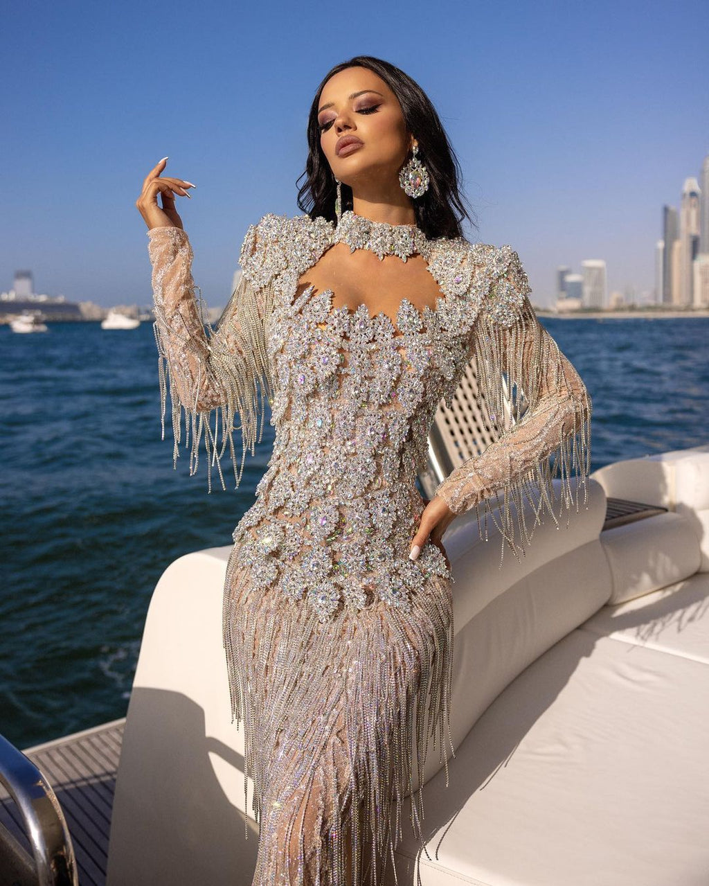 High Neck Silver Fringes Dress with Rhinestones Corset