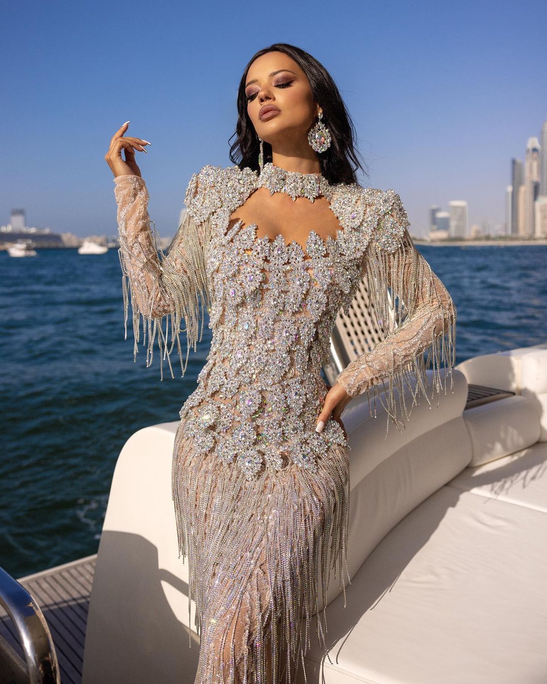 High Neck Silver Fringes Dress with Rhinestones Corset