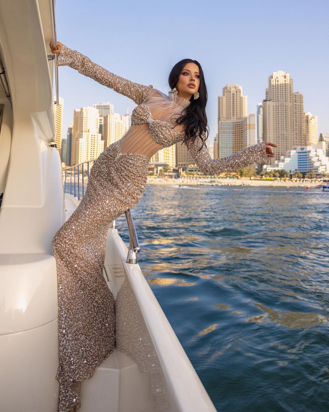 Silver Sequin Dress with Ruffled Tulle High Neck