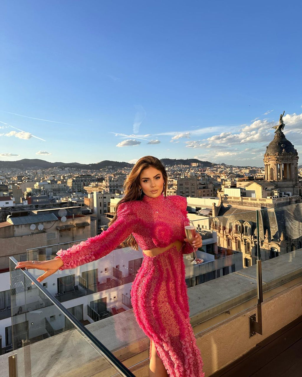 Waist Cut-Out Pink Beaded Dress with Tulle Details