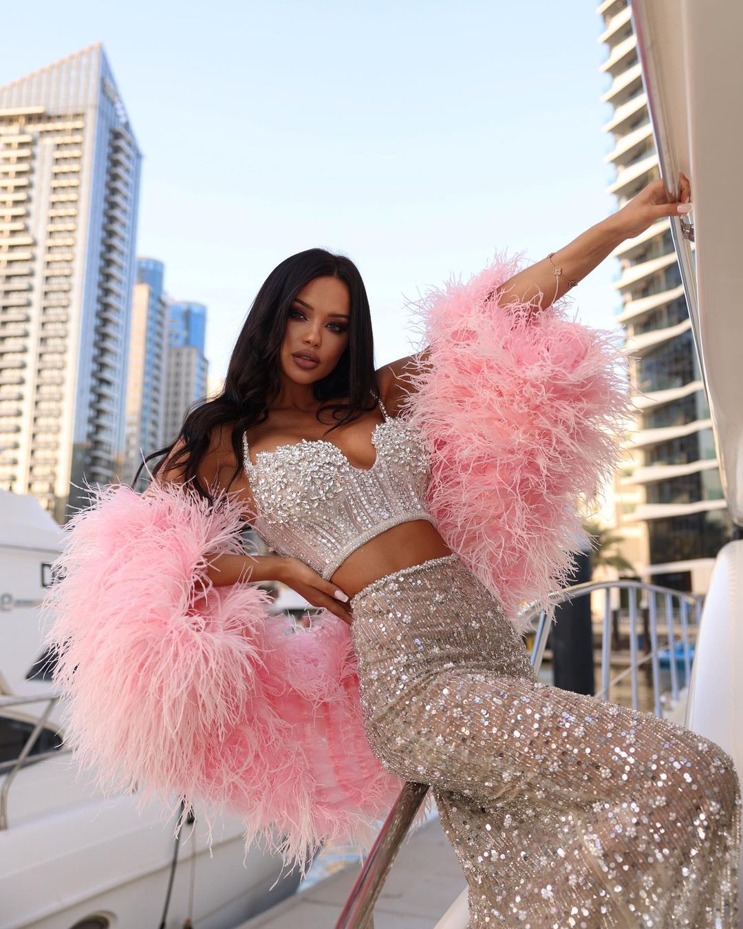 Two-Piece Sequin Silver Set with Pink Feathered Short Cape