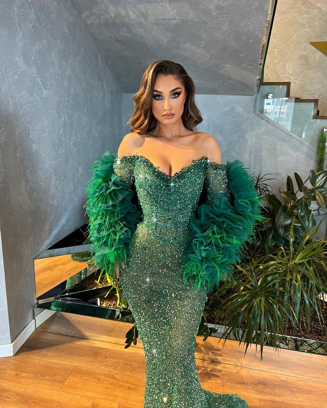 Off Shoulder Sleeves Green Beaded Dress with Feathered Cape M / Green Off Shoulder Sleeves Green Beaded Dress with Feathered Cape M / Green